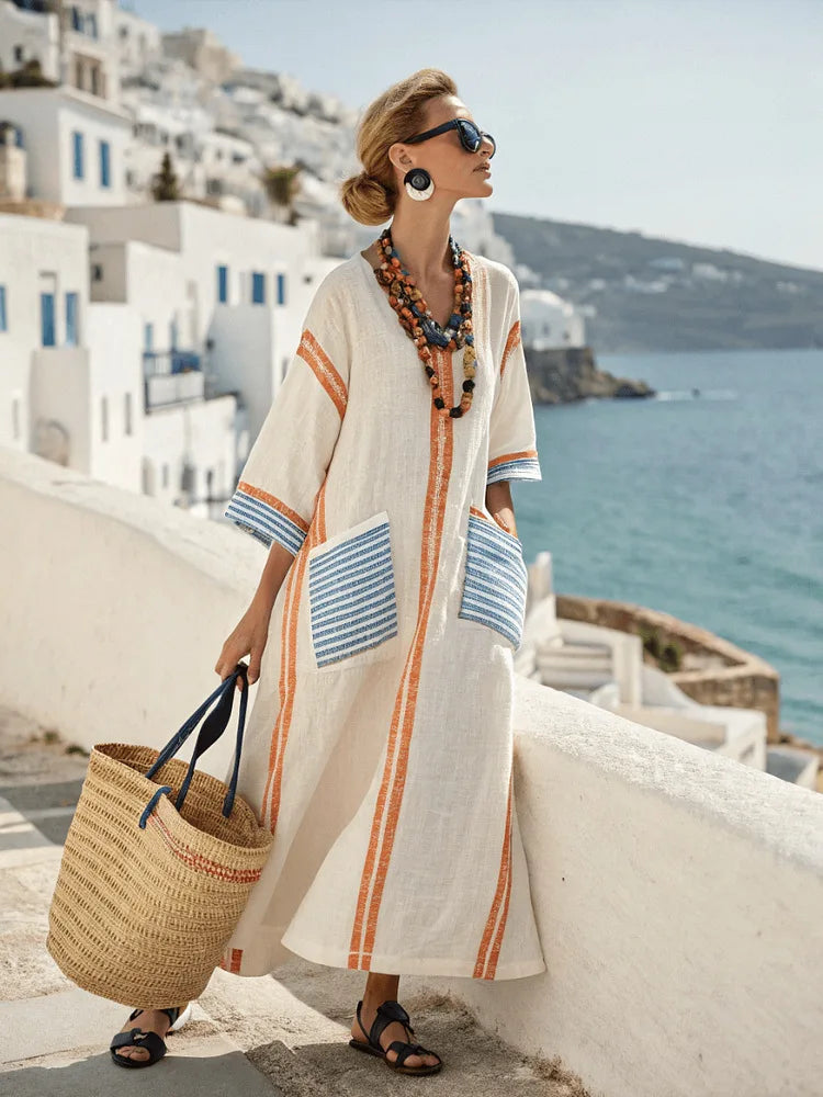 Women's Striped Linen Kaftan Maxi Dress