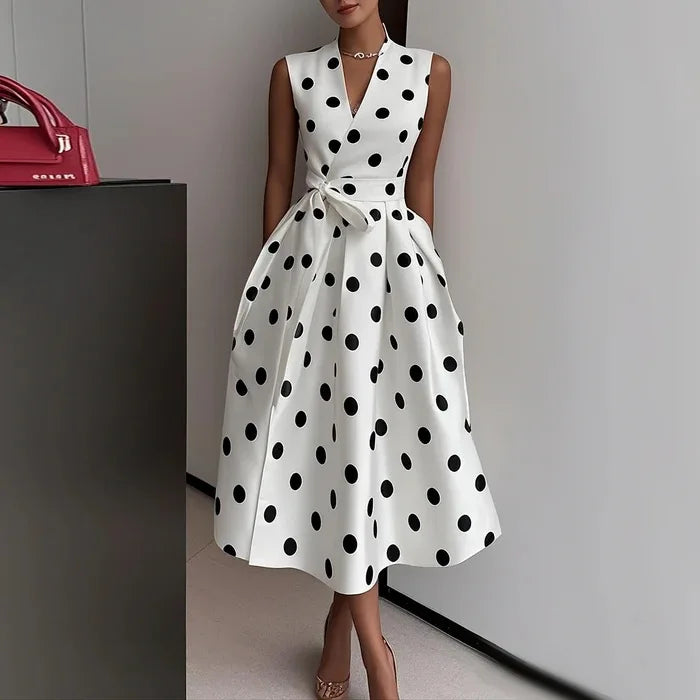 Women's Polka Dot V-Neck Lace-Up Dress