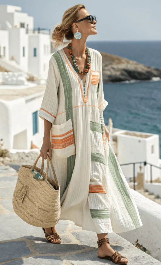 Women's Striped Linen Kaftan Maxi Dress