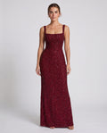 Calanthe Maxi Dress Burgundy Sparkle – model front view, light gray studio