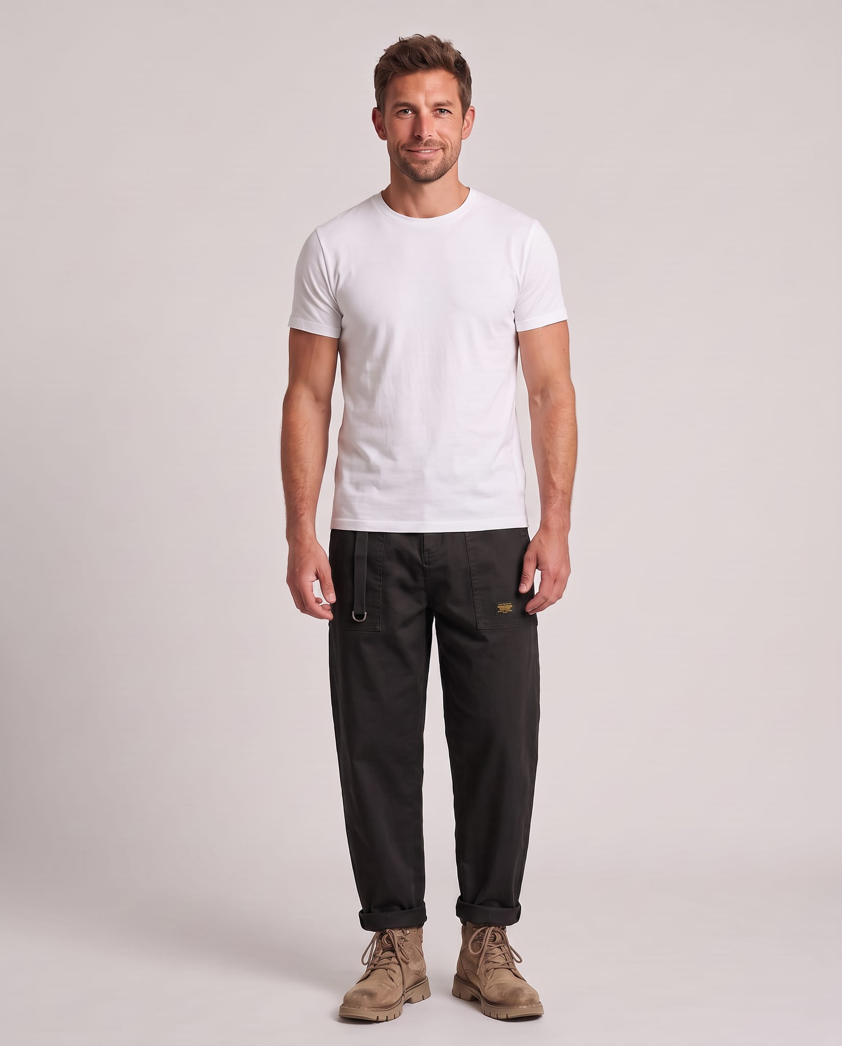 Men's Rugged Cargo Trousers Black – model front view, light gray studio