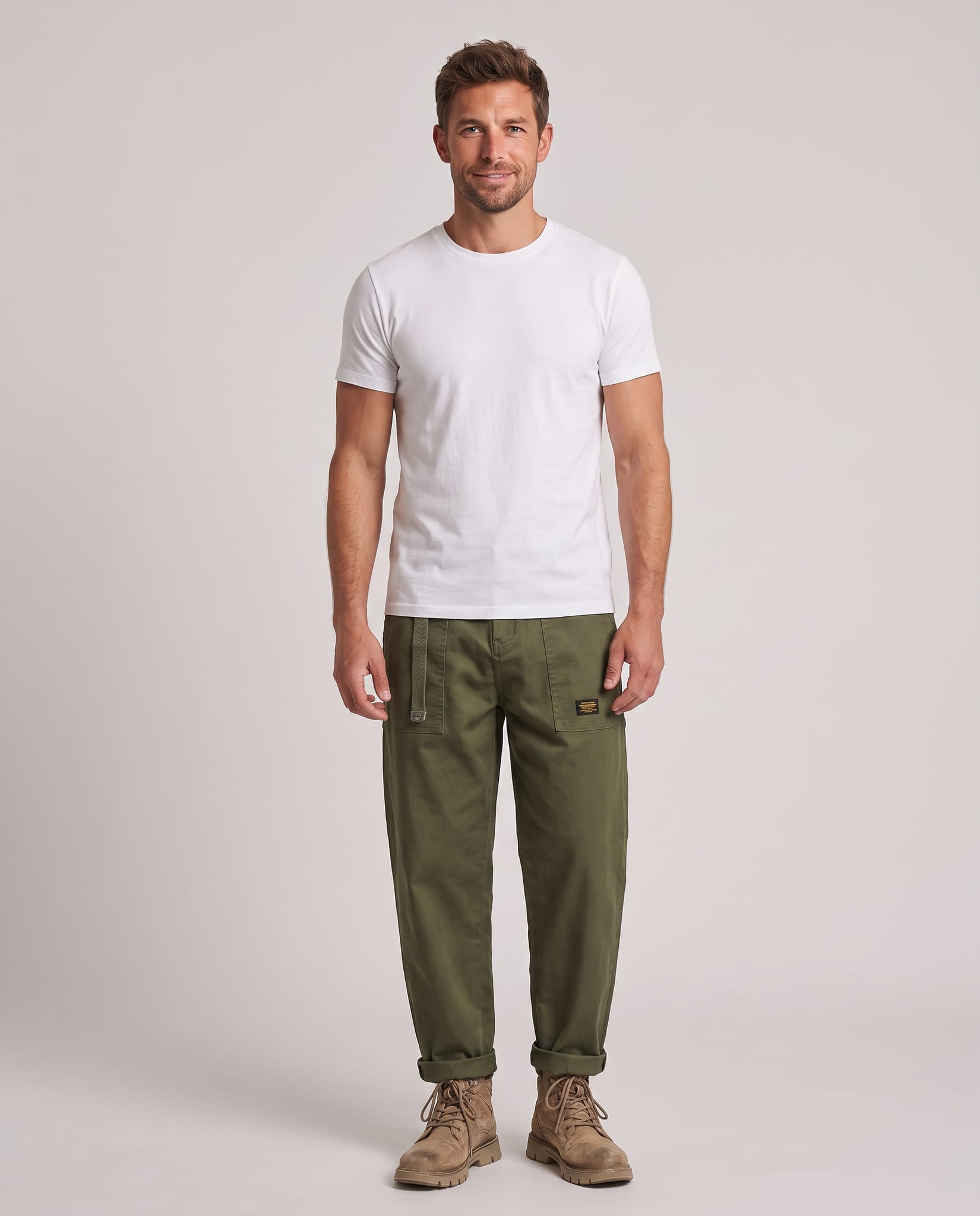 Men's Rugged Cargo Trousers – model front view, light gray studio
