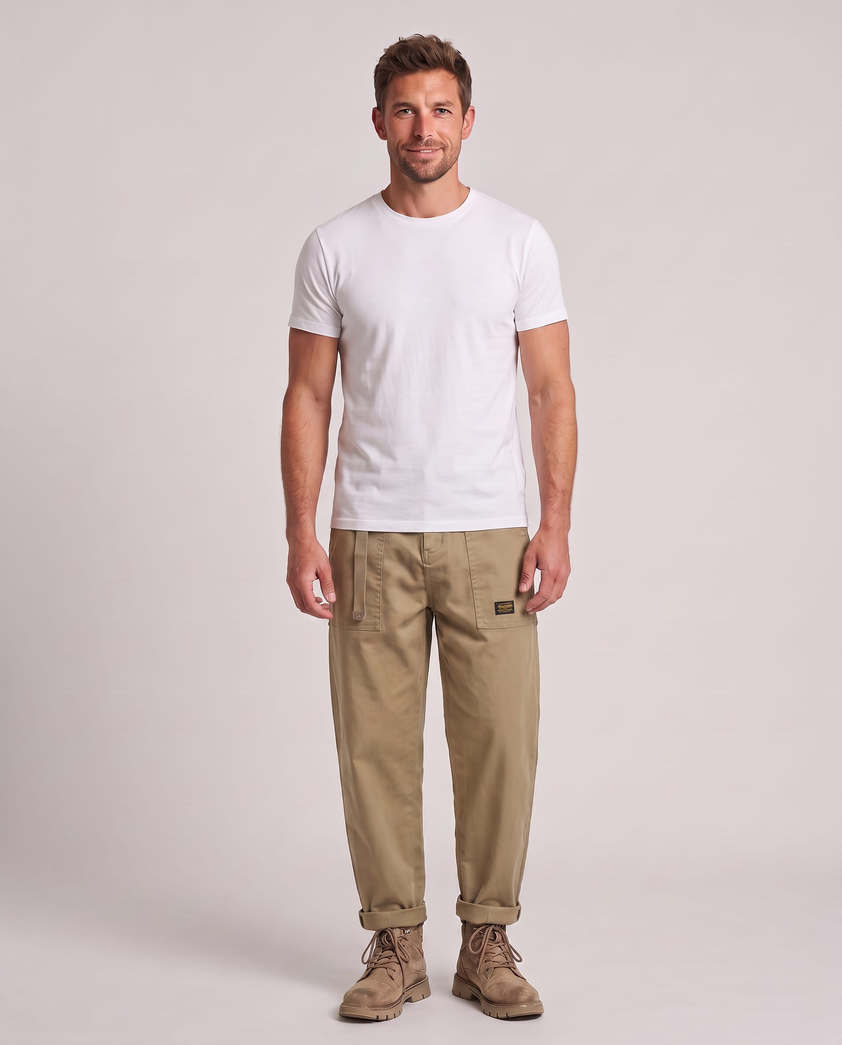 Men's Rugged Cargo Trousers Khaki – model front view, light gray studio