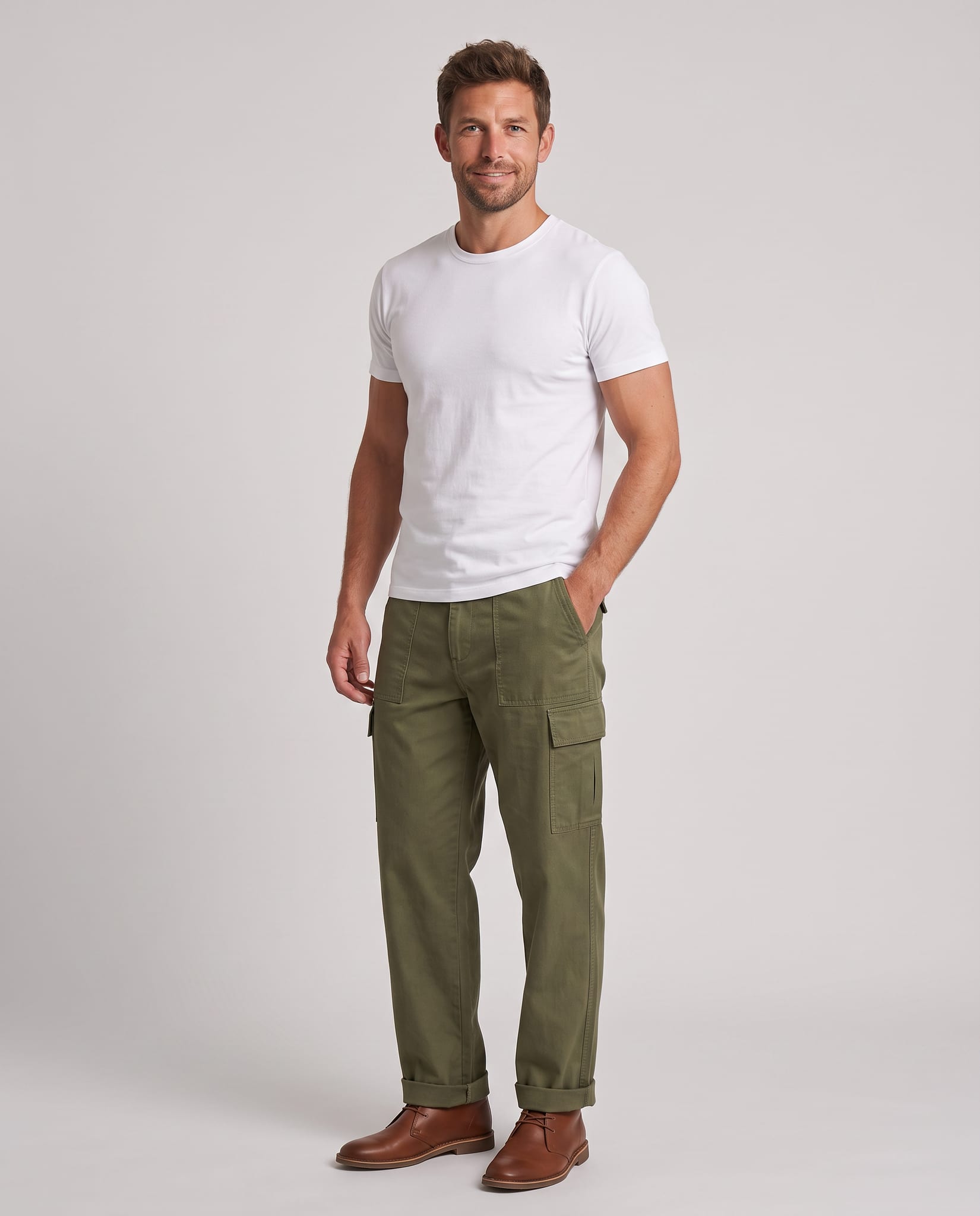 Men's Rugged Cargo Trousers – model three-quarter view, light gray studio