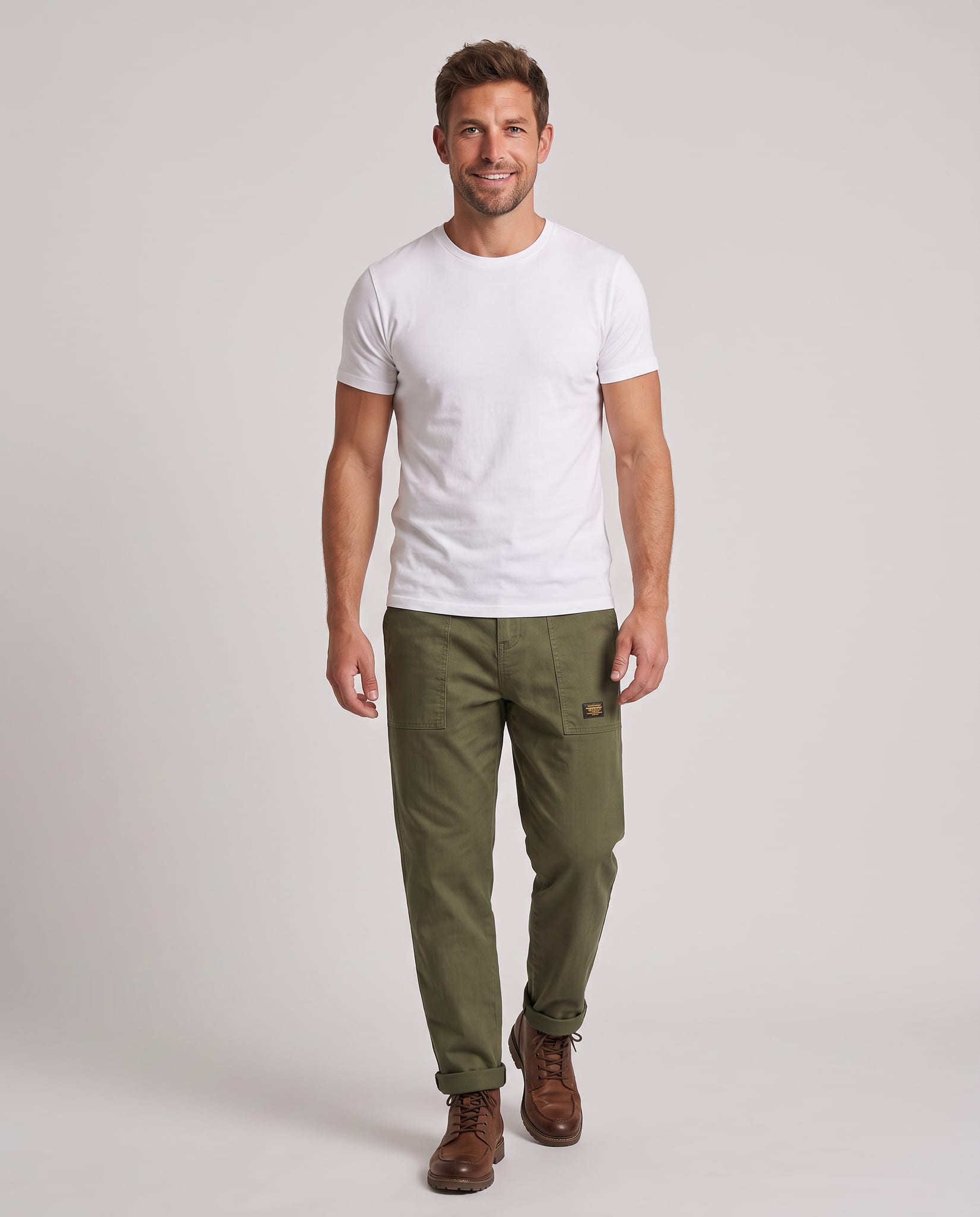Men's Rugged Cargo Trousers – model walking pose, light gray studio