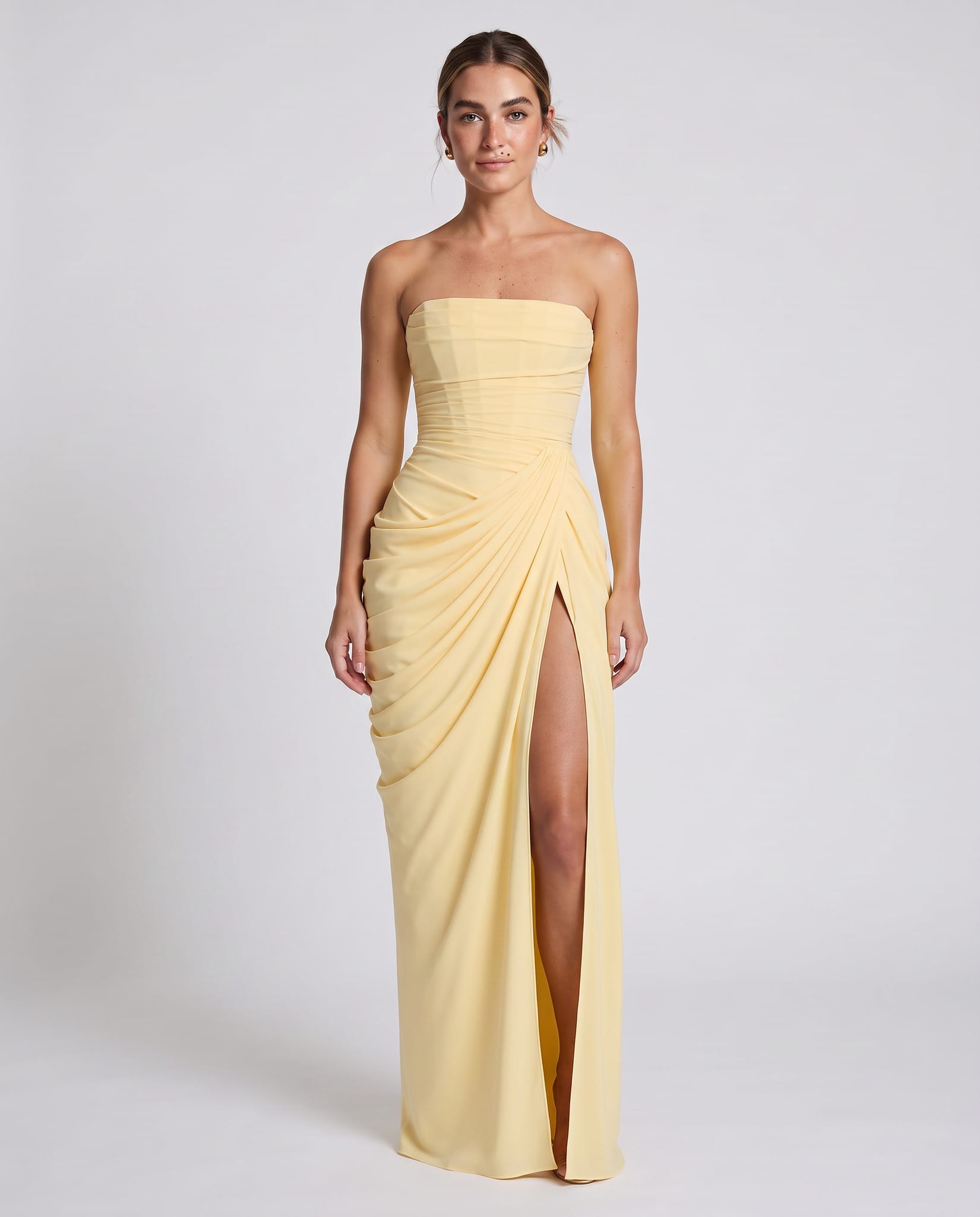 Celeste Maxi Dress Lemon – model front view, light gray studio