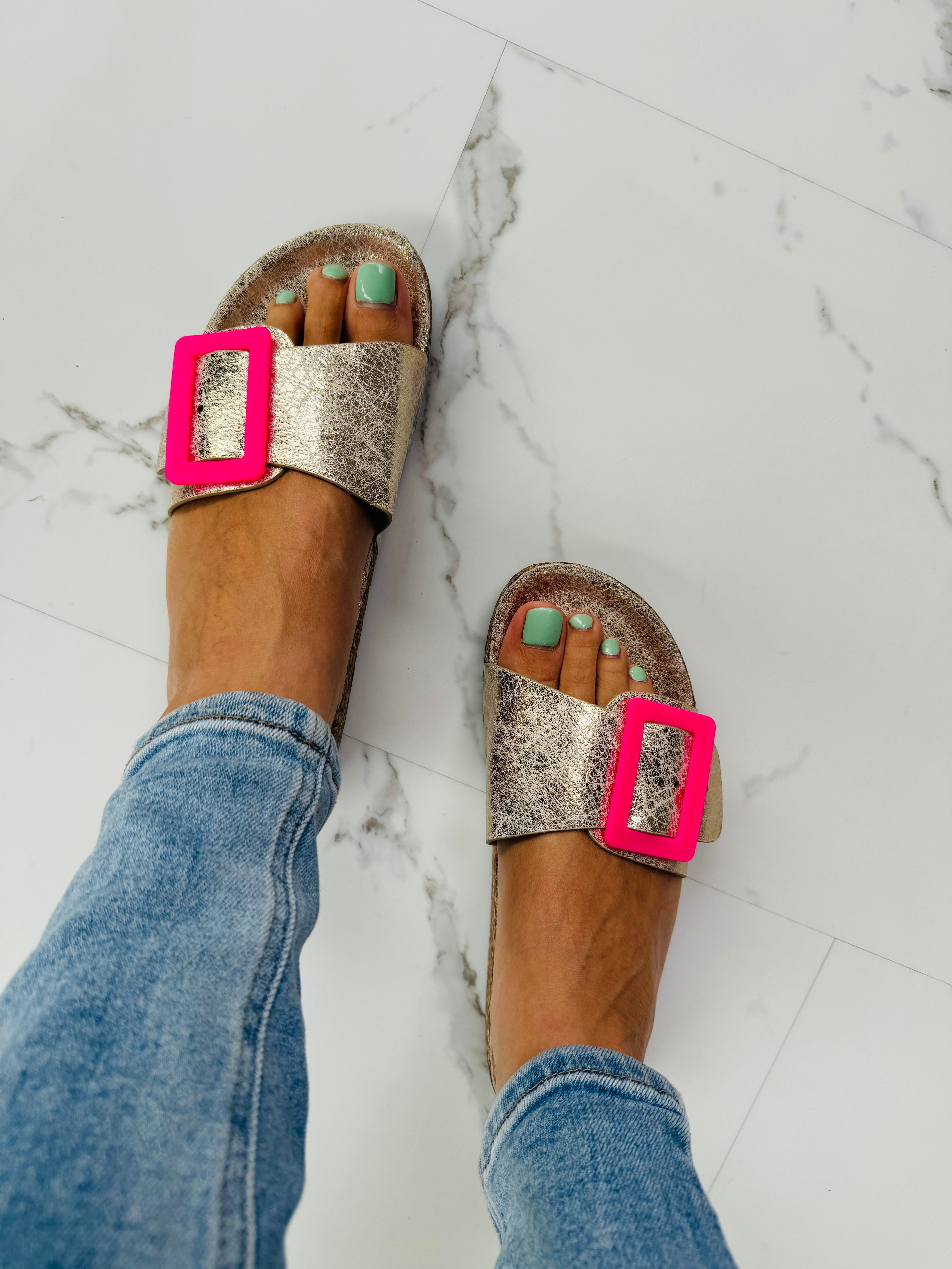 Women's Gold Buckle Slides