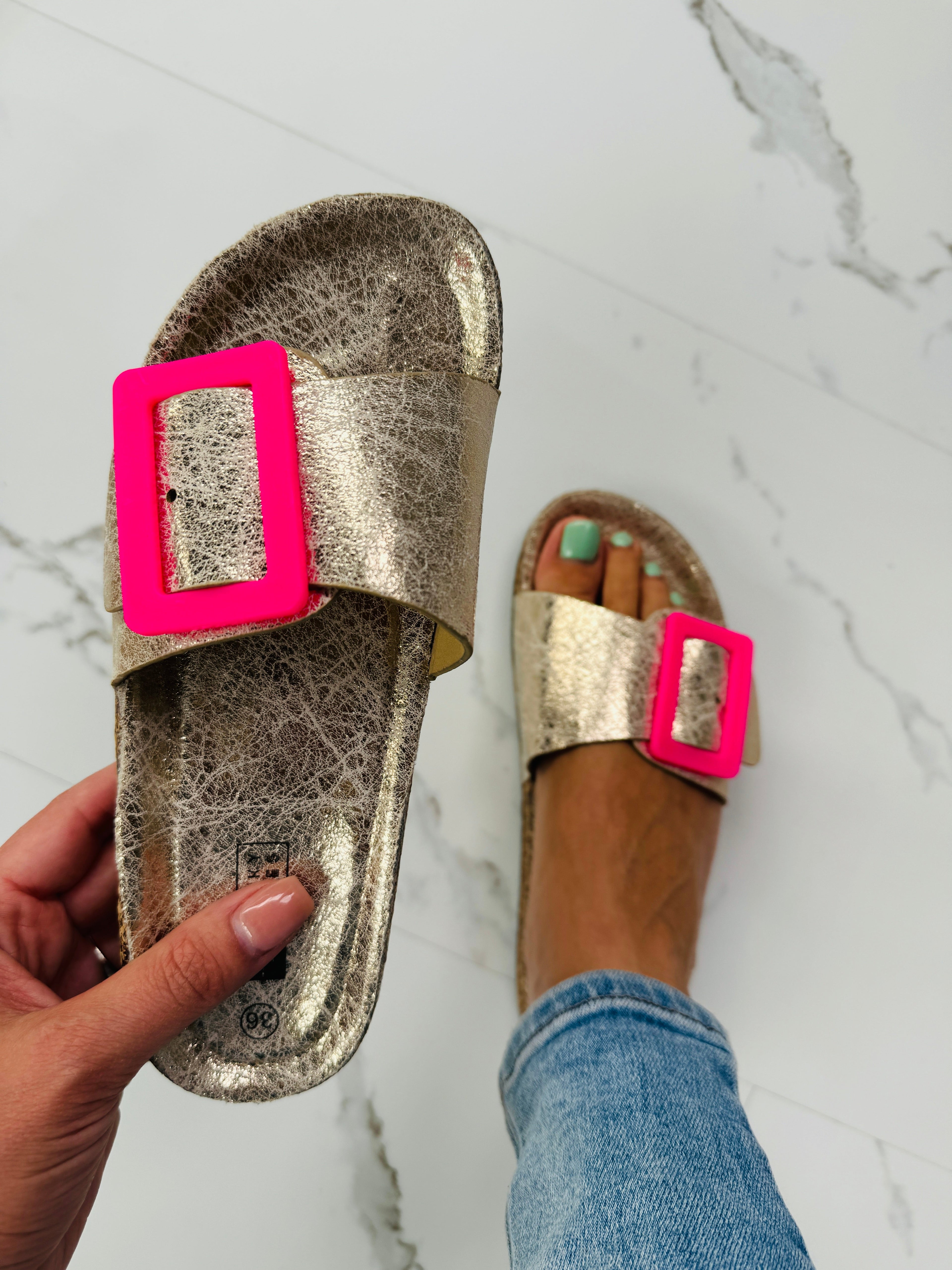 Women's Gold Buckle Slides
