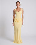 Cornelia Maxi Dress Lemon – model front view, light gray studio