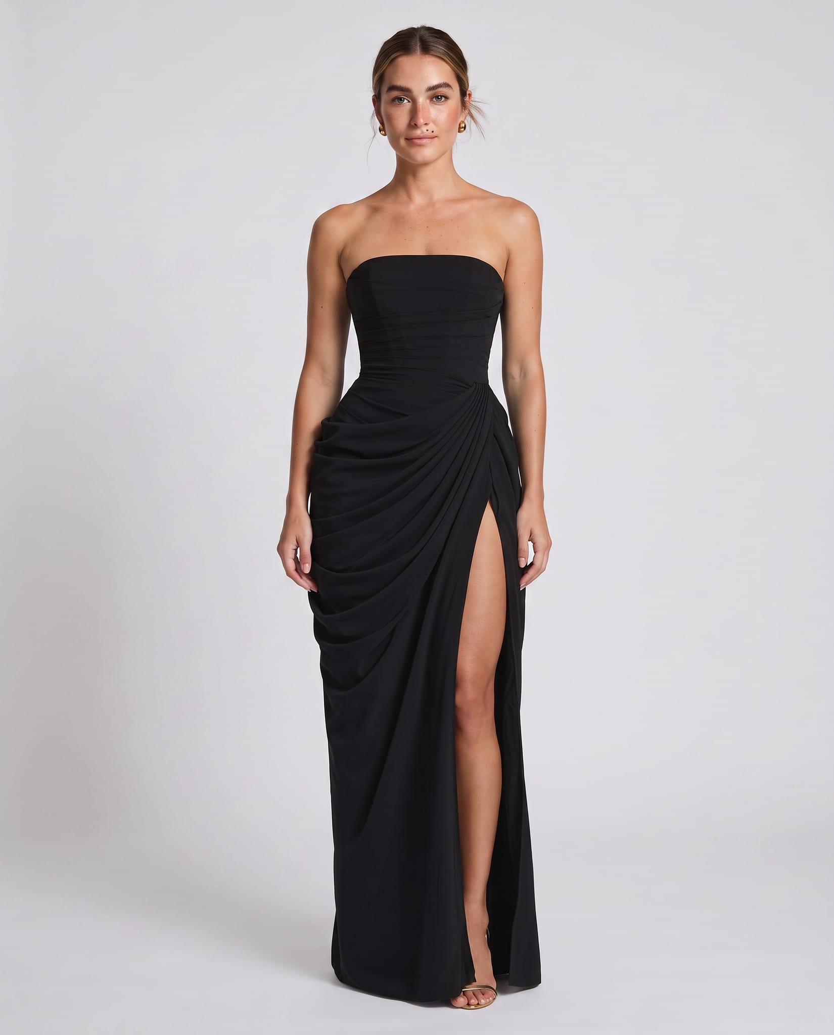 Cyra Maxi Dress Black – model front view, light gray studio