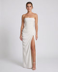 Cyra Maxi Dress Ivory – model front view, light gray studio