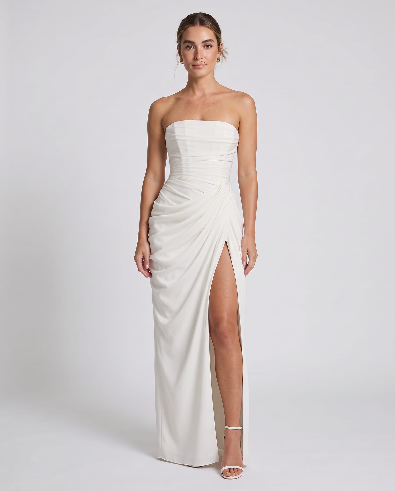 Cyra Maxi Dress Ivory – model front view, light gray studio