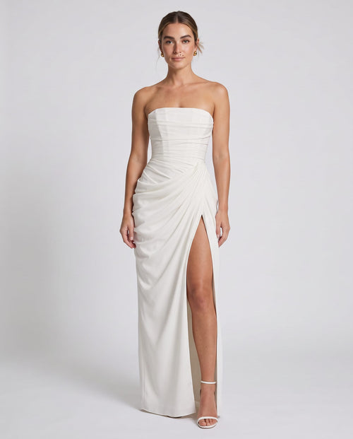 Cyra Maxi Dress Ivory – model front view, light gray studio