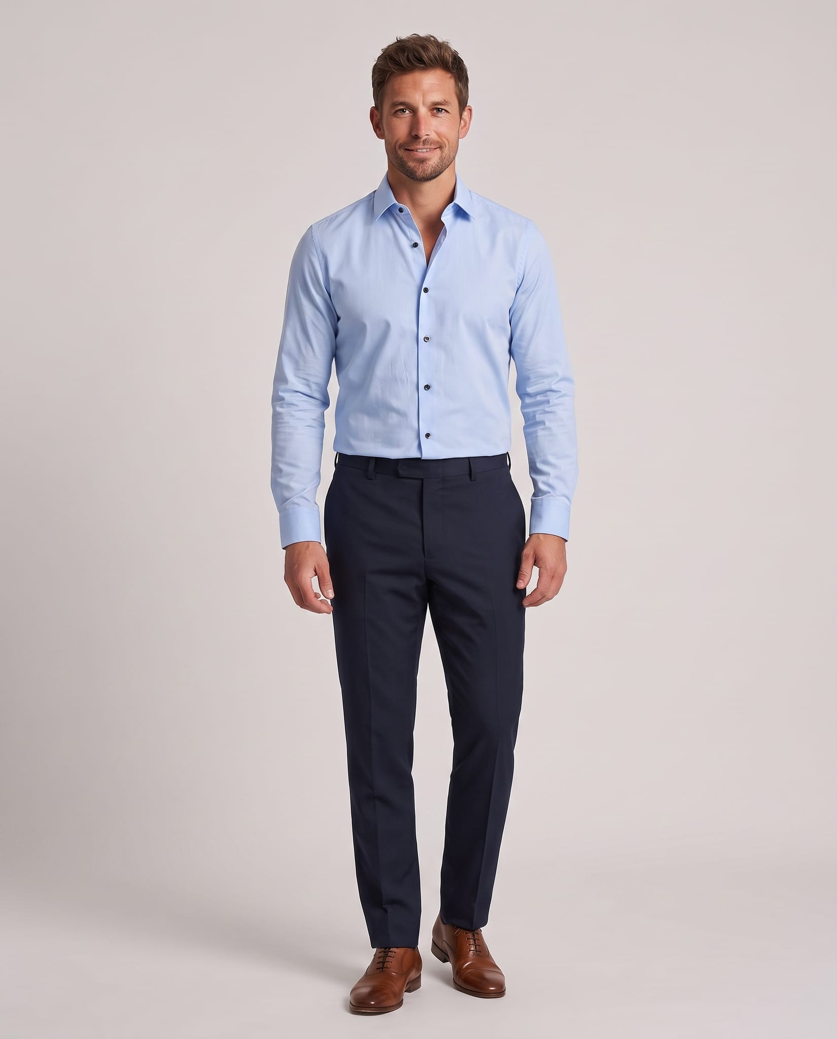Men's Stretch Wrinkle-Free Dress Shirt – model front view, light gray studio
