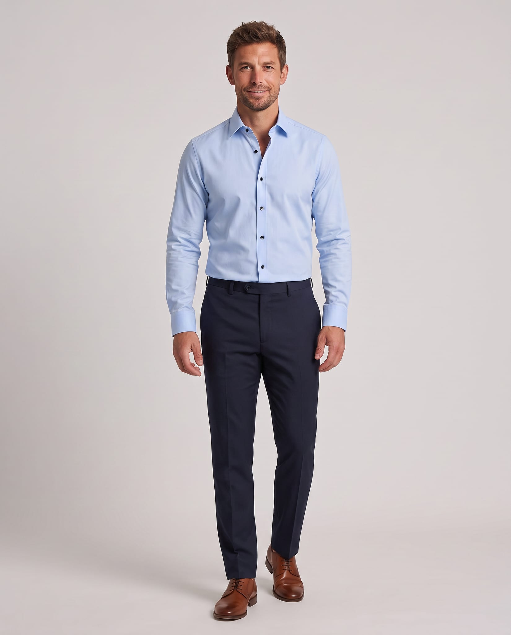 Men's Stretch Wrinkle-Free Dress Shirt – model walking pose, light gray studio
