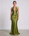 Elowen Maxi Dress Olive – model front view, light gray studio