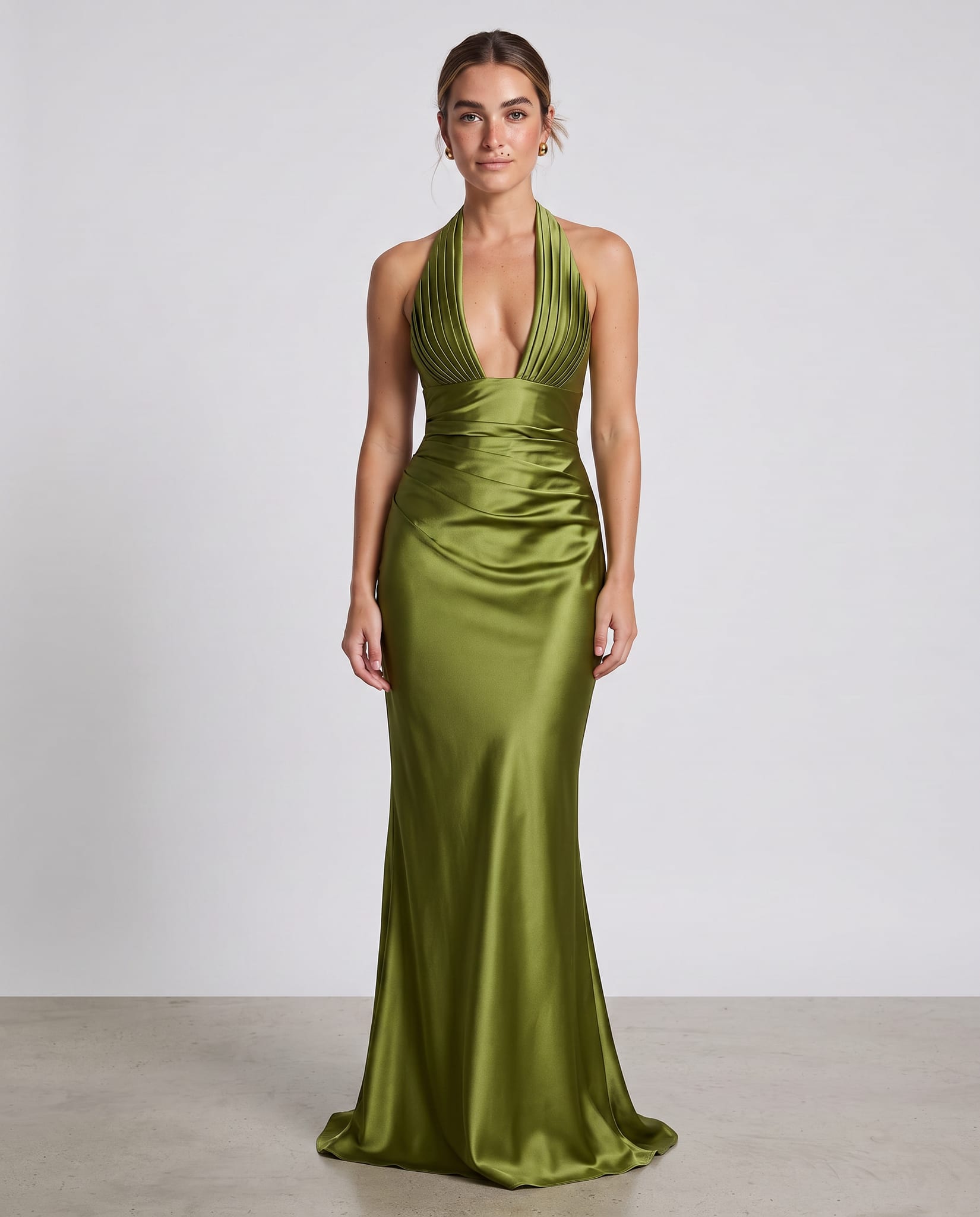 Elowen Maxi Dress Olive – model front view, light gray studio
