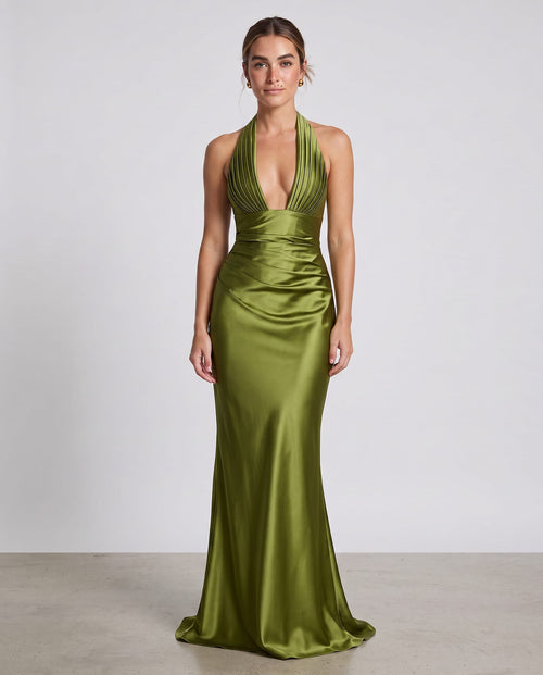 Elowen Maxi Dress Olive – model front view, light gray studio
