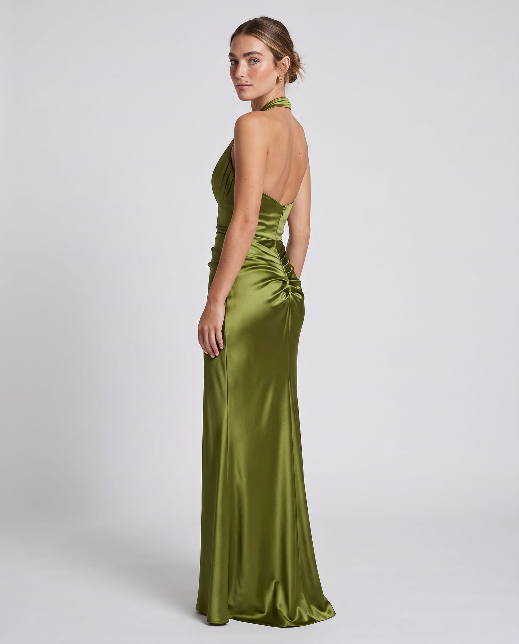 Elowen Maxi Dress Olive – model back view over shoulder, light gray studio