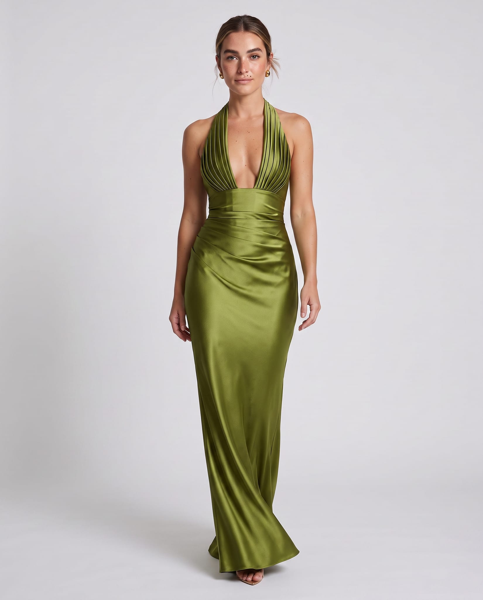 Elowen Maxi Dress Olive – model walking pose, light gray studio