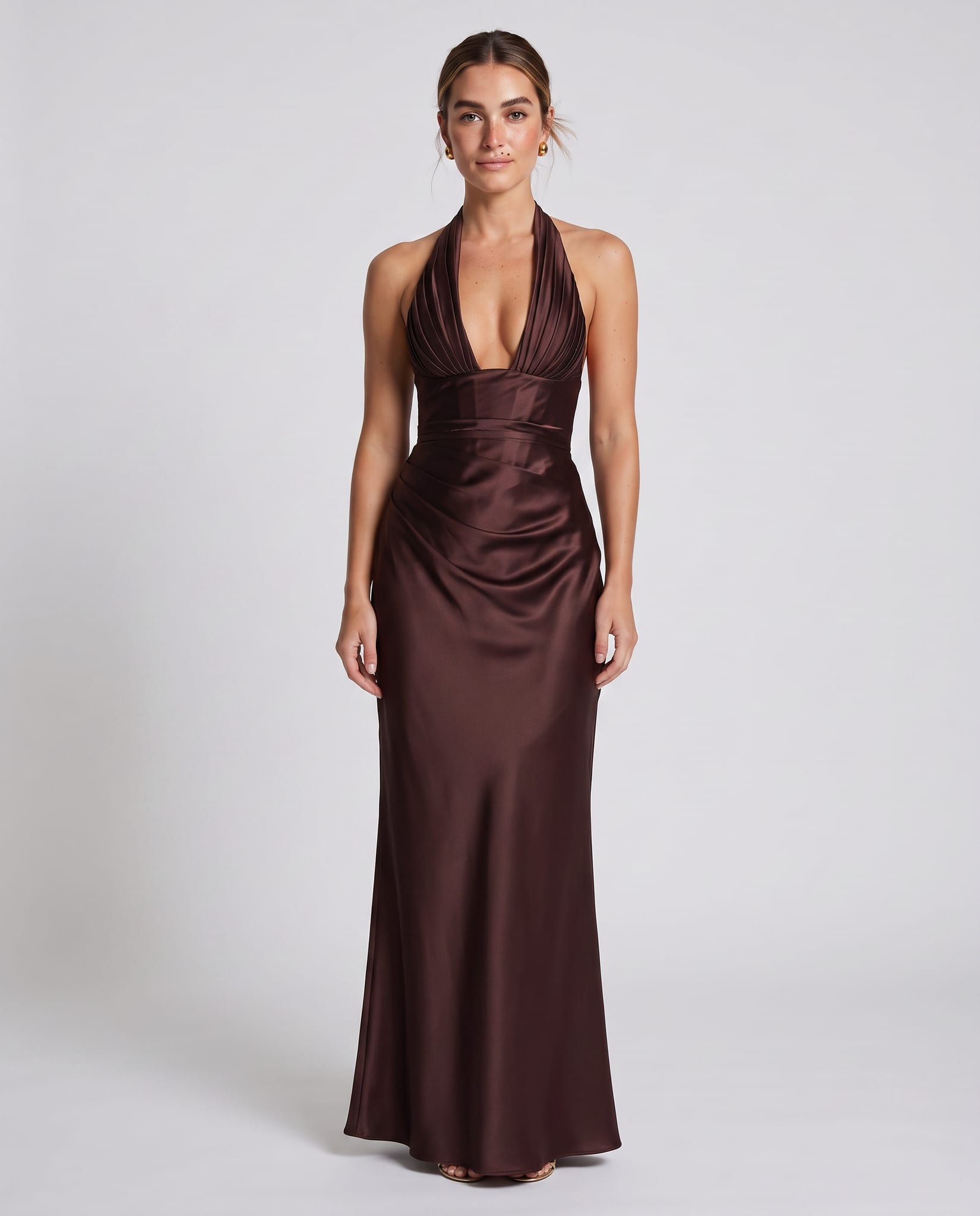 Elowen Maxi Dress Plum Brown – model front view, light gray studio