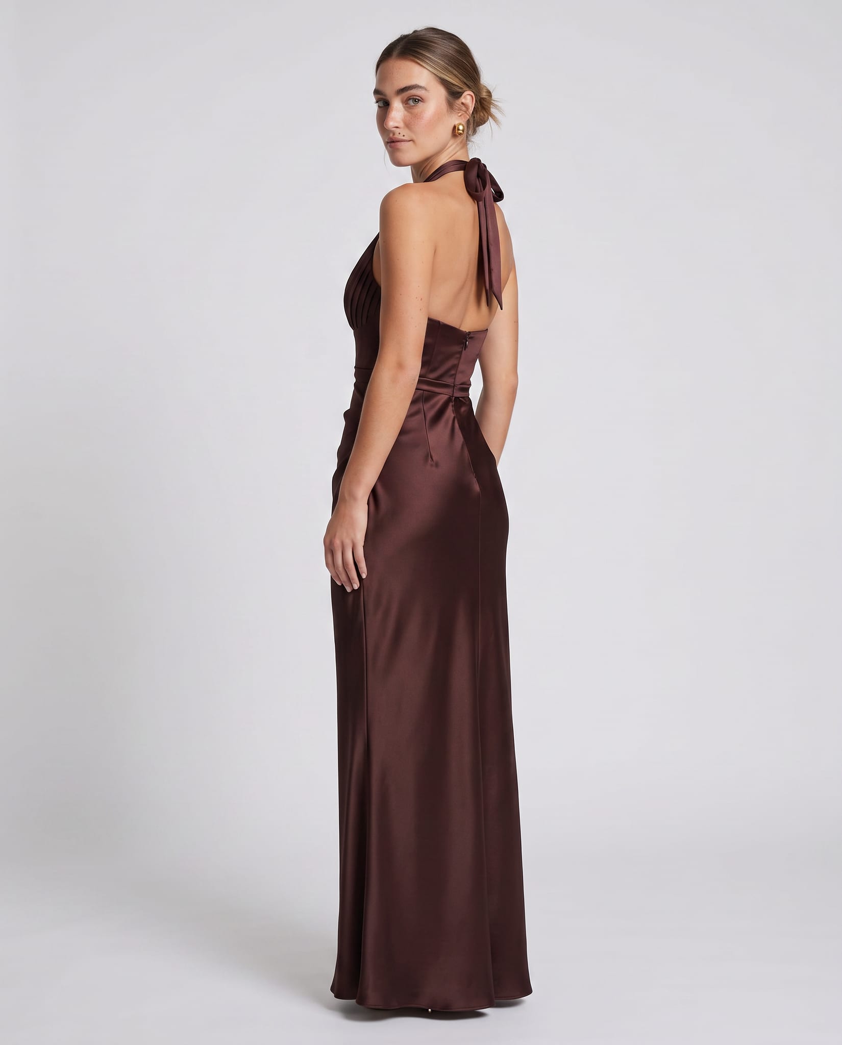 Elowen Maxi Dress Plum Brown – model back view over shoulder, light gray studio