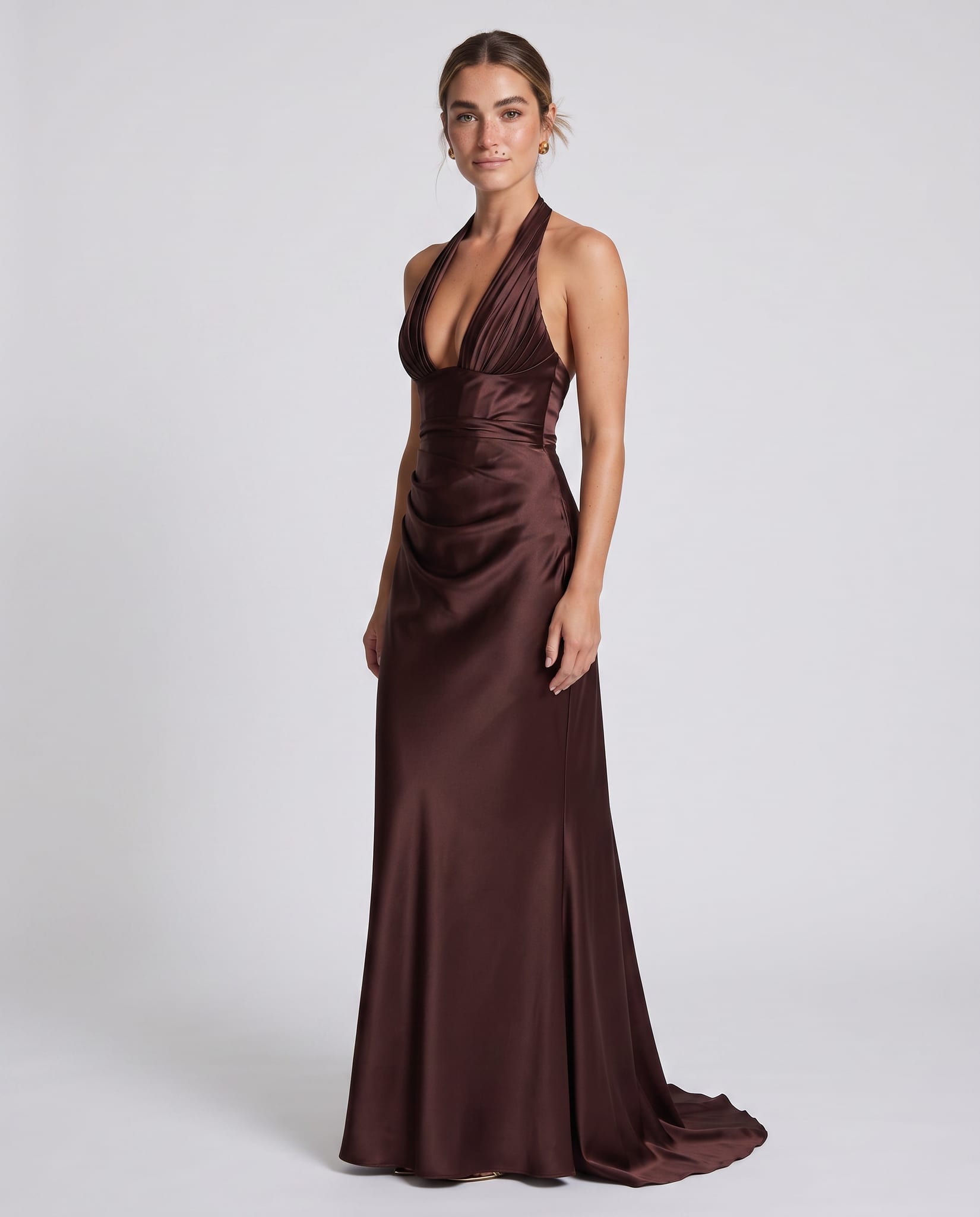 Elowen Maxi Dress Plum Brown – model angled view, light gray studio