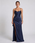 Helen Maxi Dress Navy – model front view, light gray studio