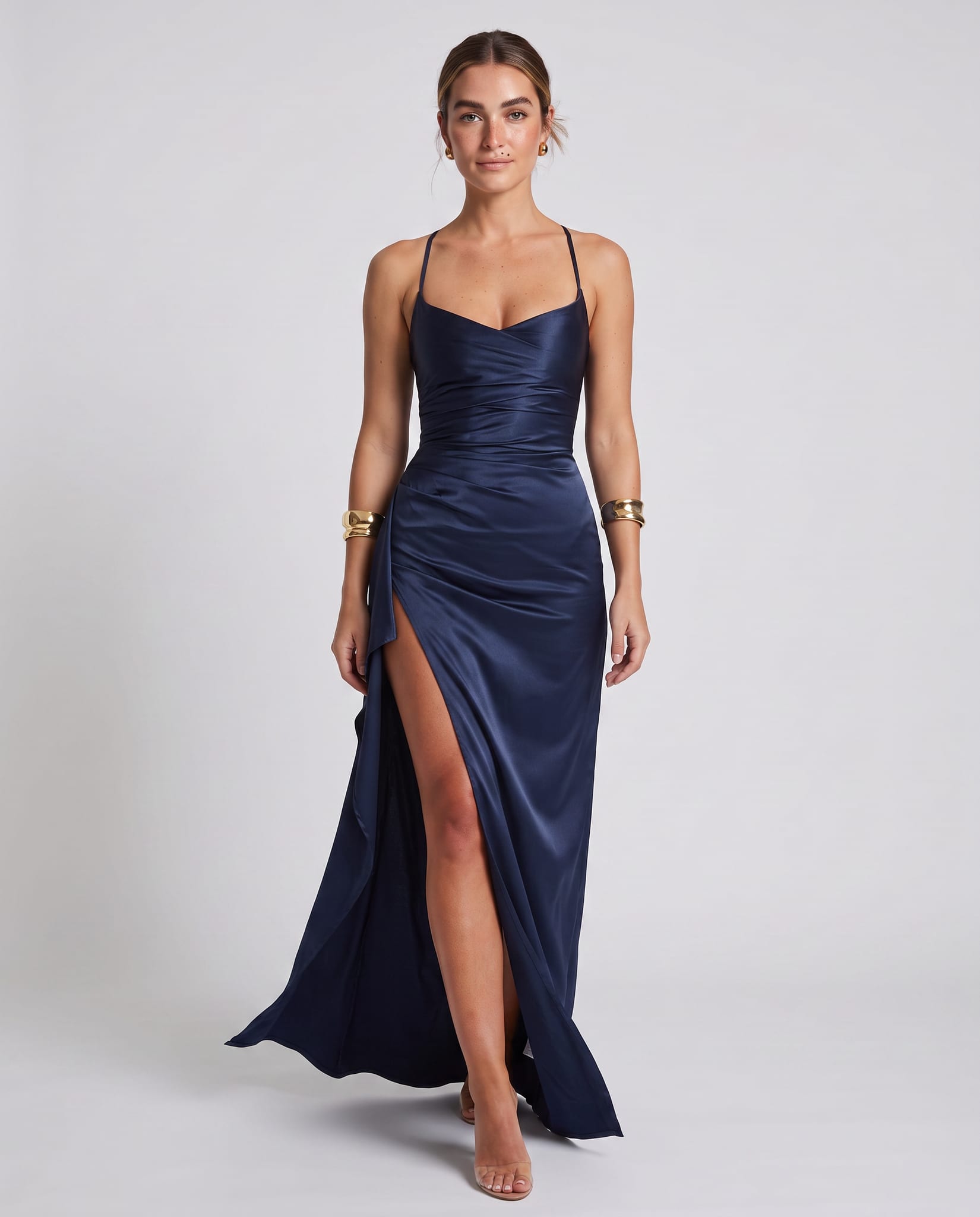 Helen Maxi Dress Navy – model walking pose, light gray studio