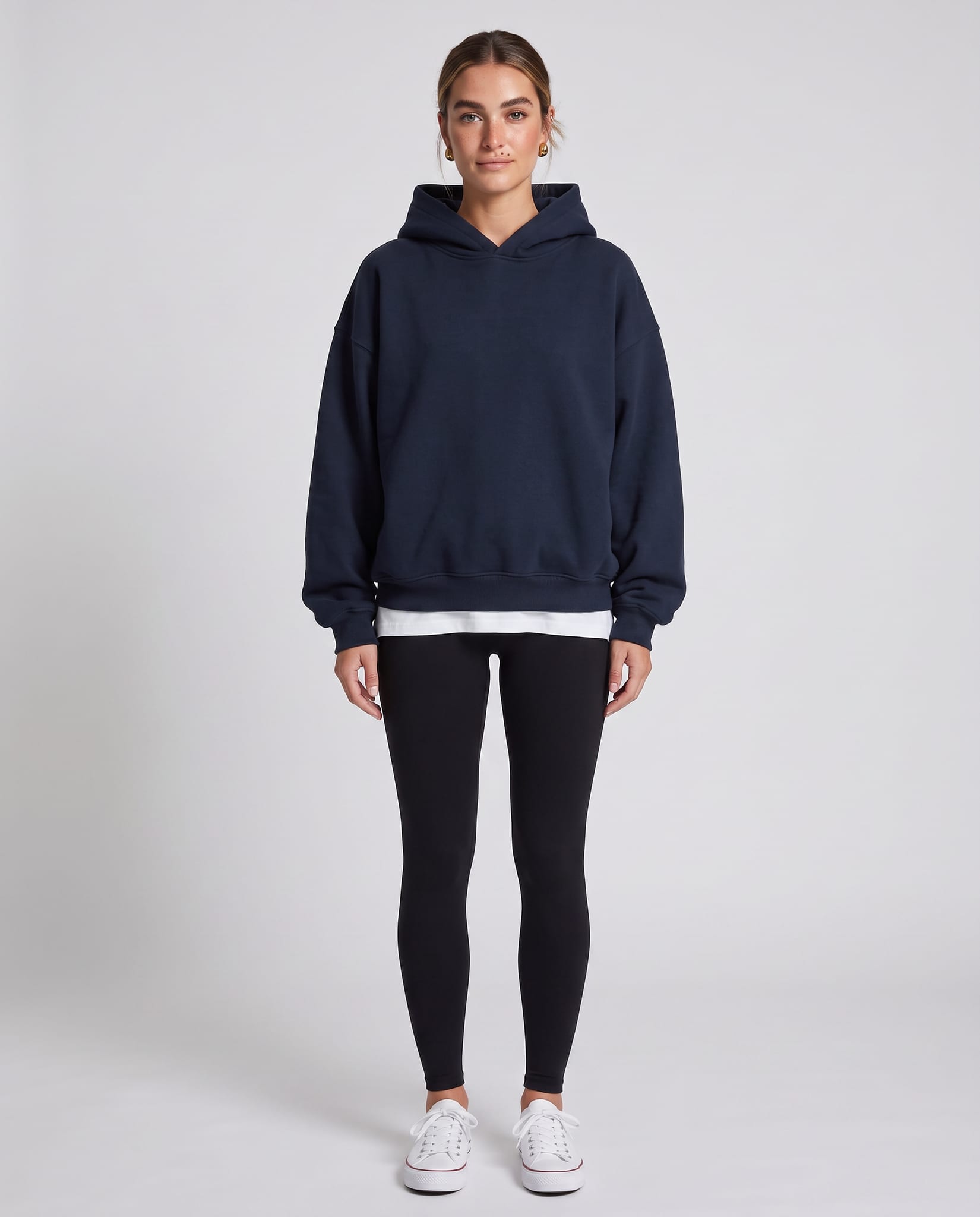 Women's Oversized Everyday Hoodie – model front view, light gray studio