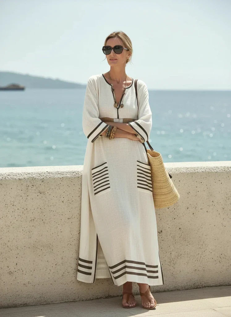 Women's Striped Linen Kaftan Maxi Dress