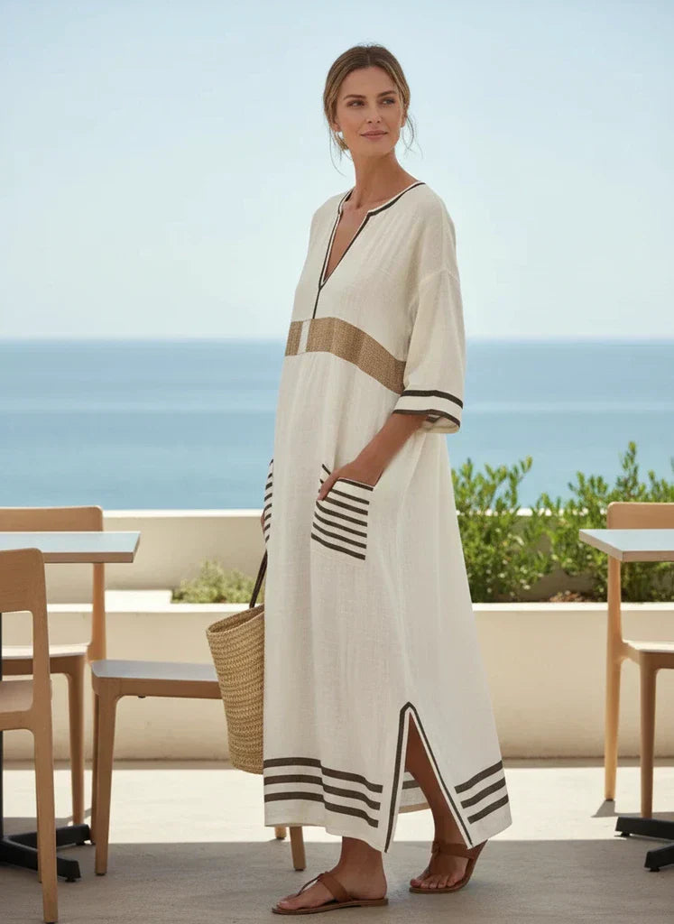 Women's Striped Linen Kaftan Maxi Dress