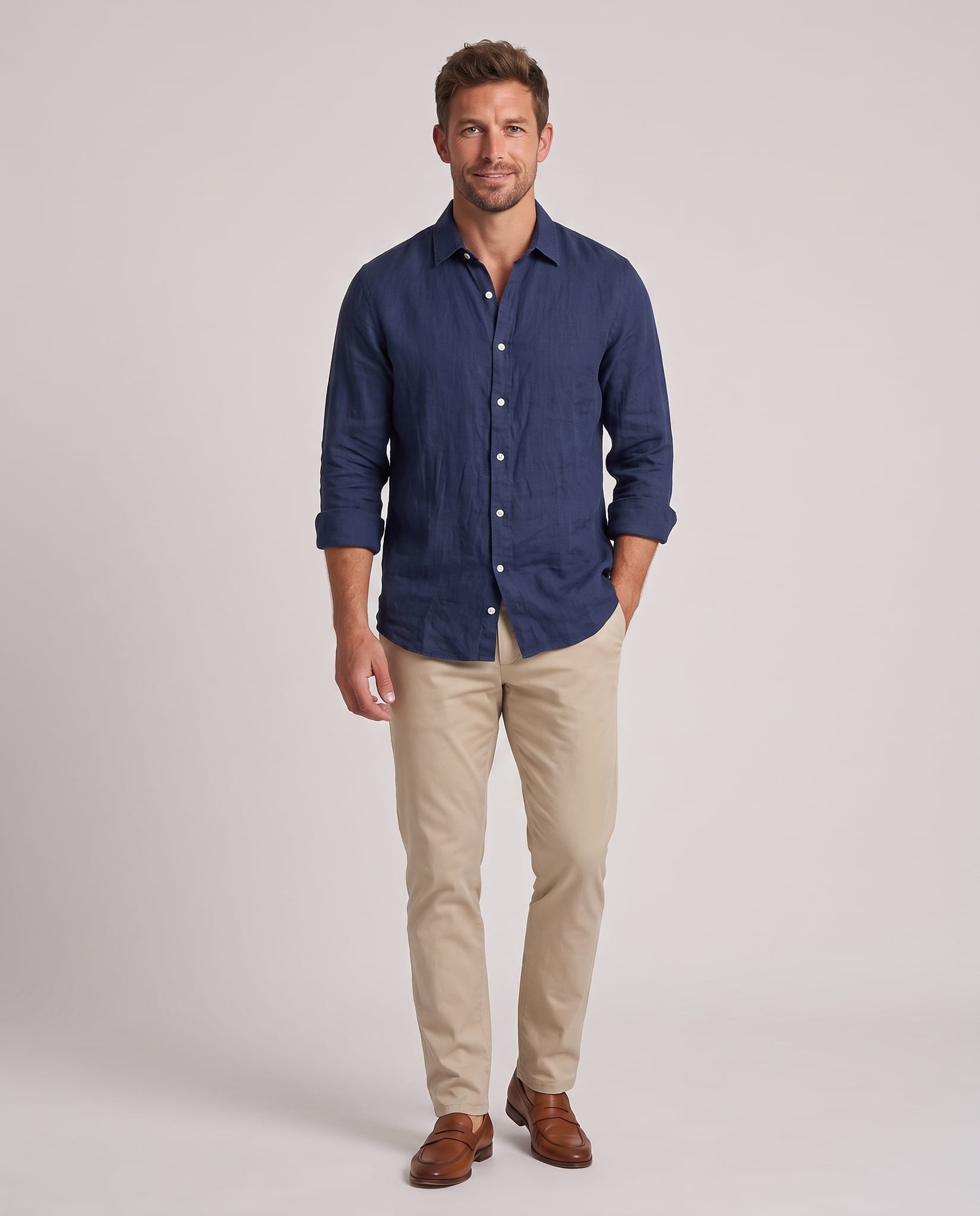 Men's Linen Shirt – model front view, light gray studio