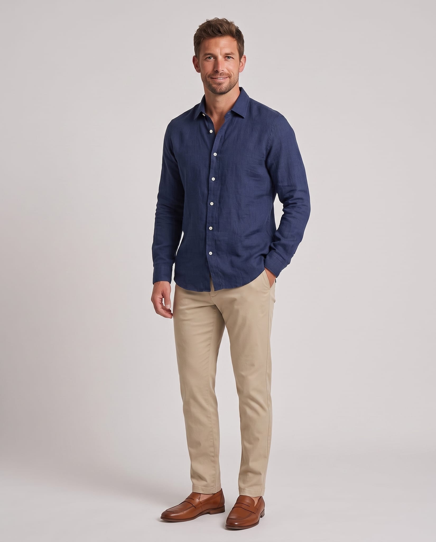 Men's Linen Shirt – model three-quarter view, light gray studio