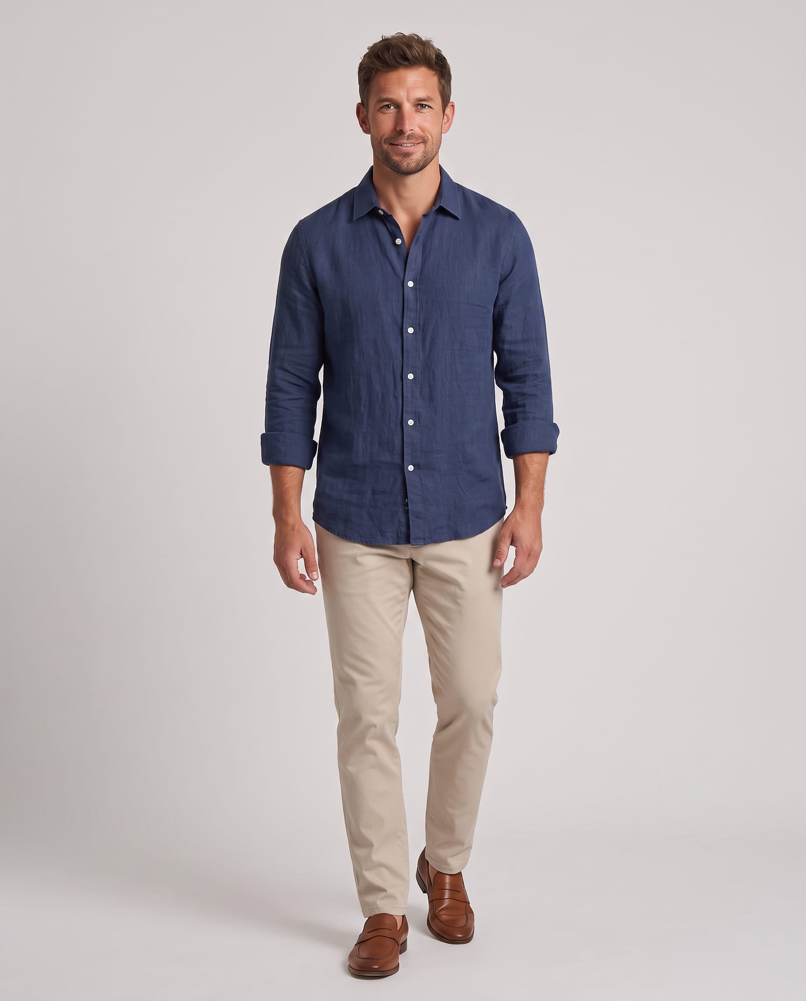 Men's Linen Shirt – model walking pose, light gray studio