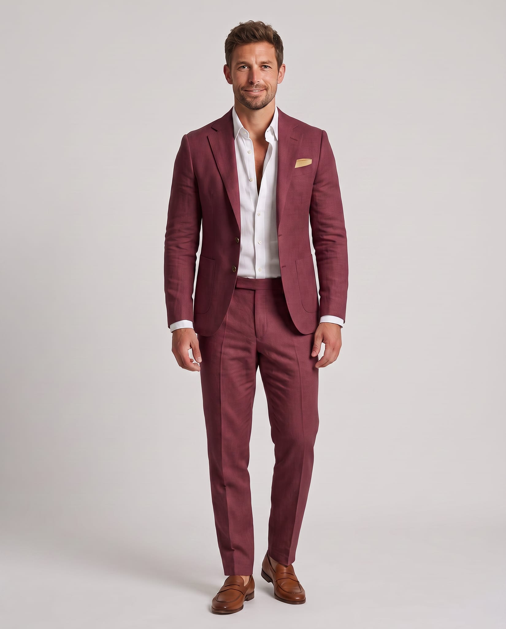 Men's Linen Suit Bordeaux – model front view