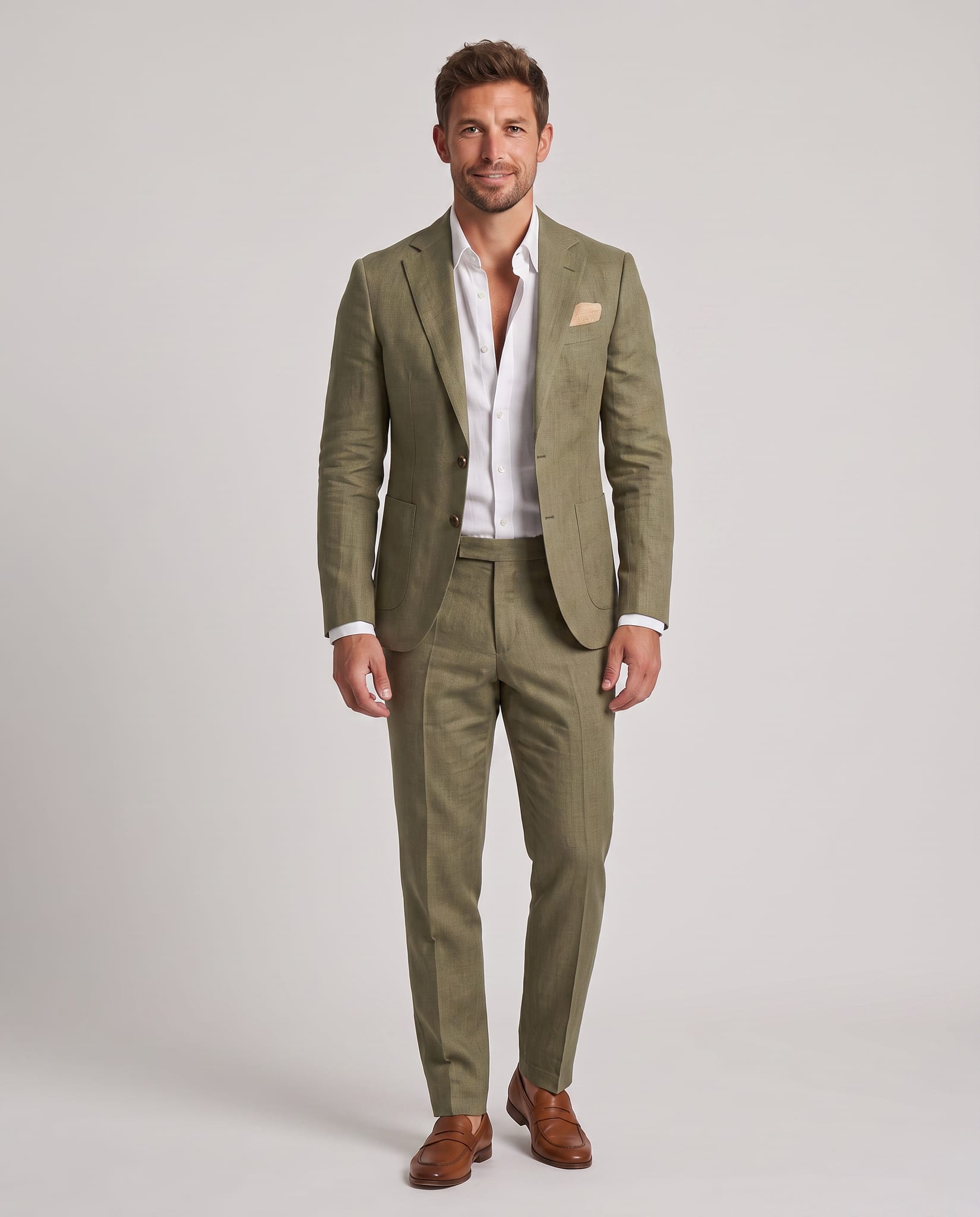 Men's Linen Suit Olive Green – model front view