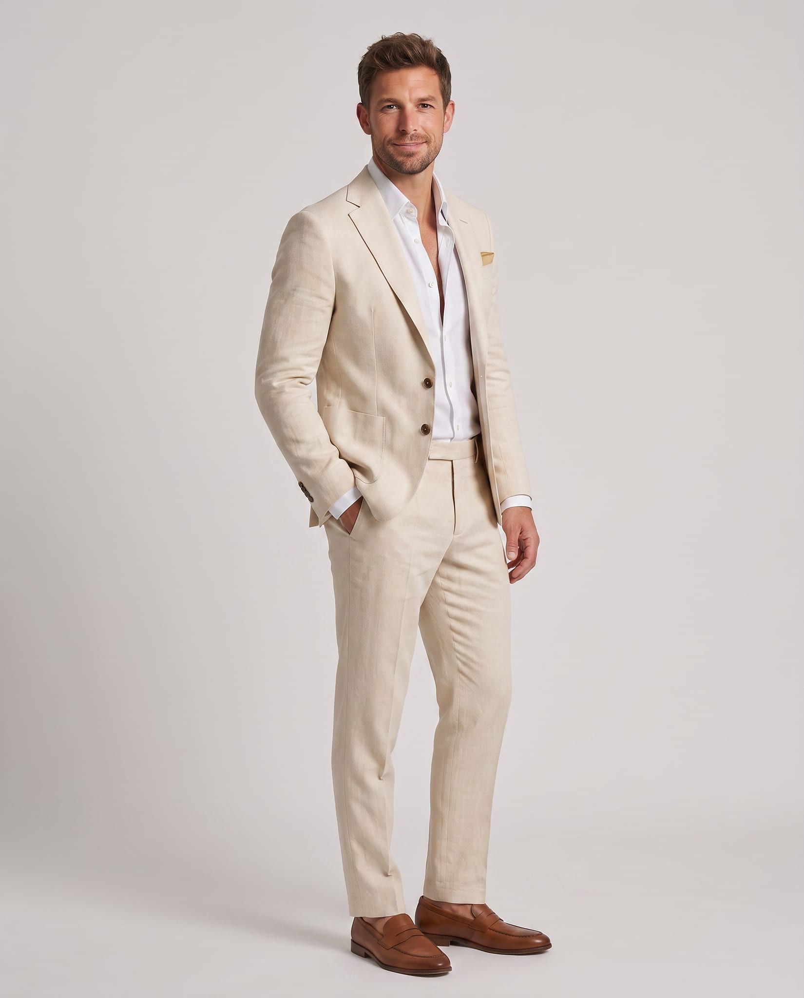 Men's Linen Suit – model three-quarter view, light gray studio