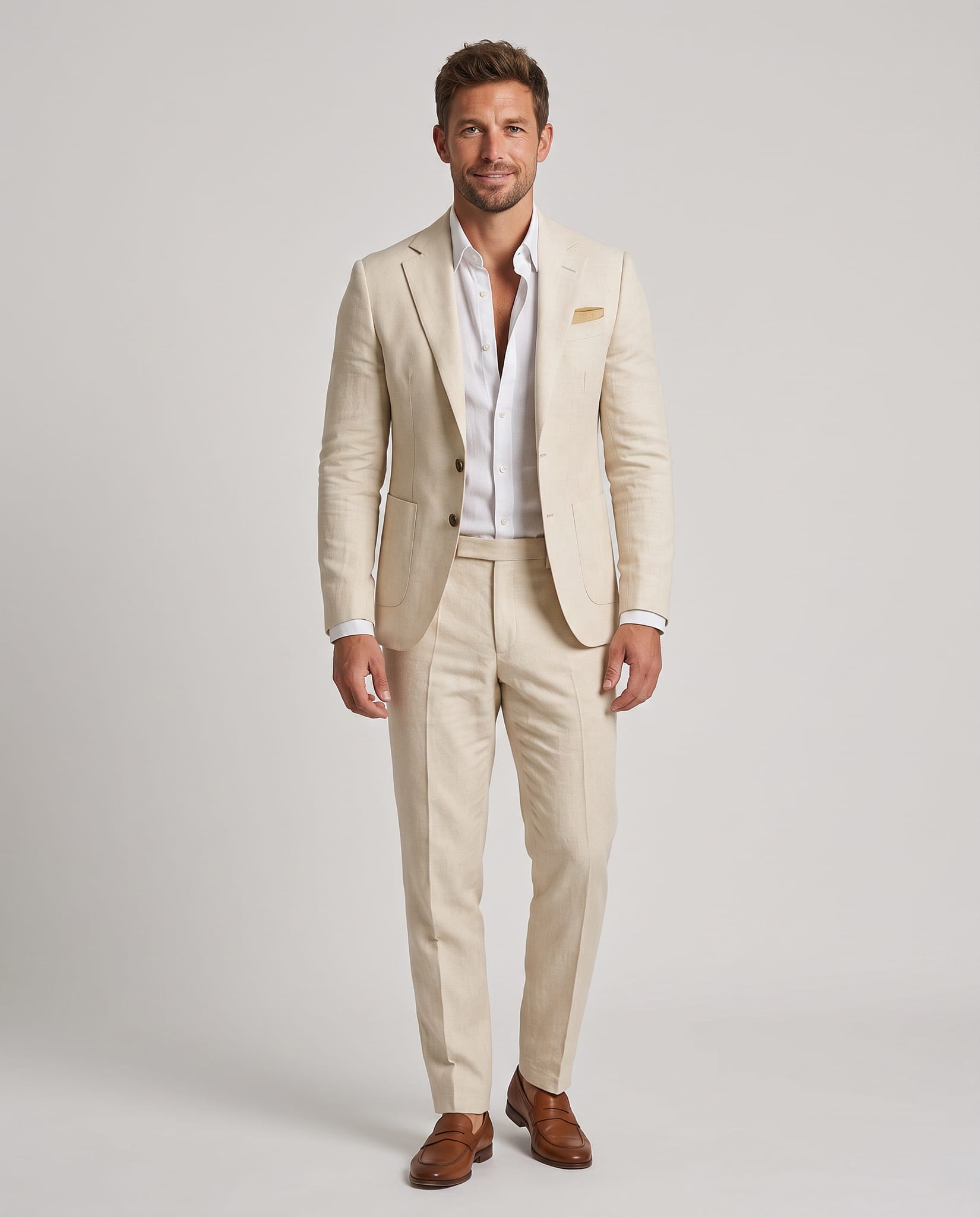Men's Linen Suit – model front view, light gray studio