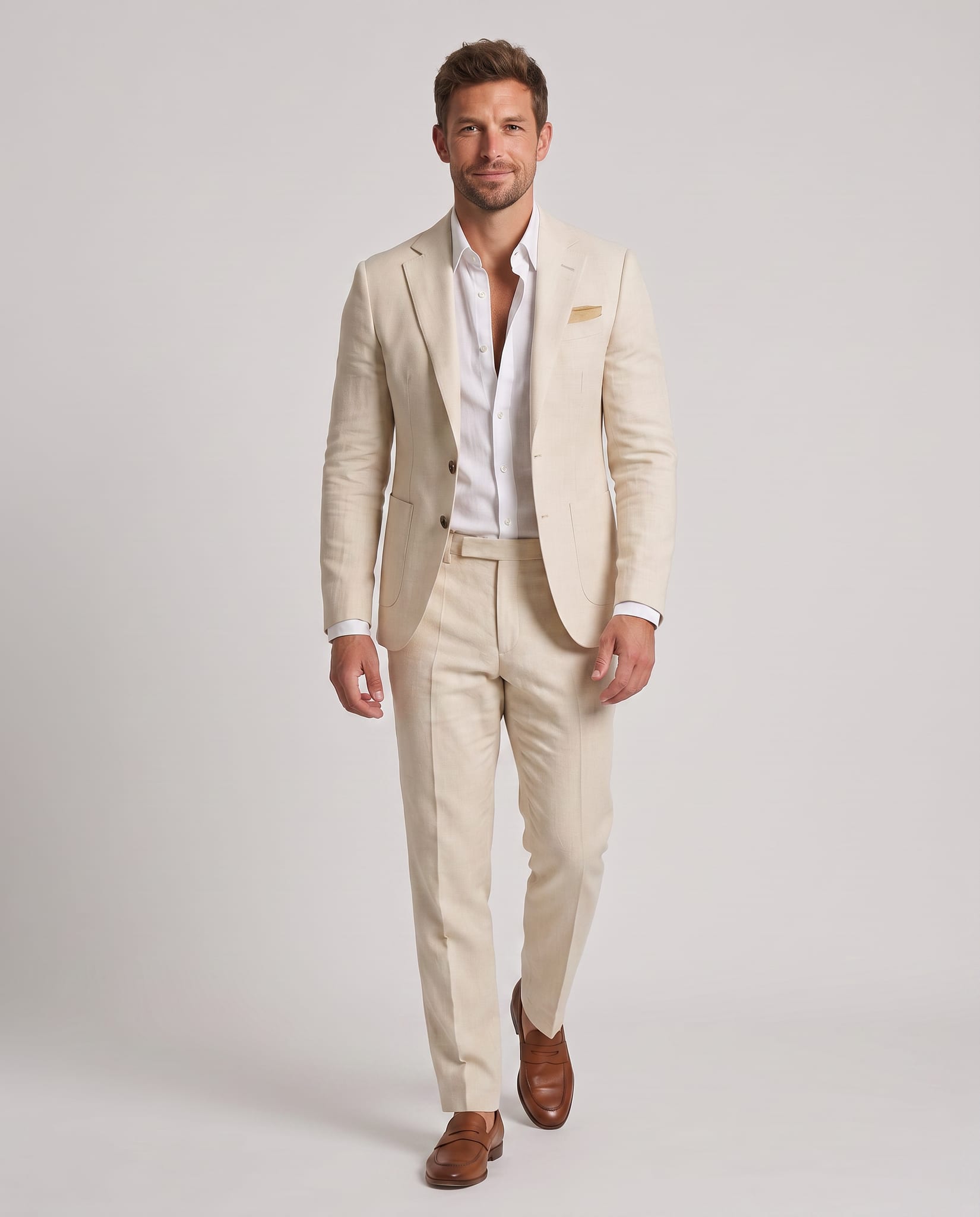 Men's Linen Suit – model walking pose, light gray studio
