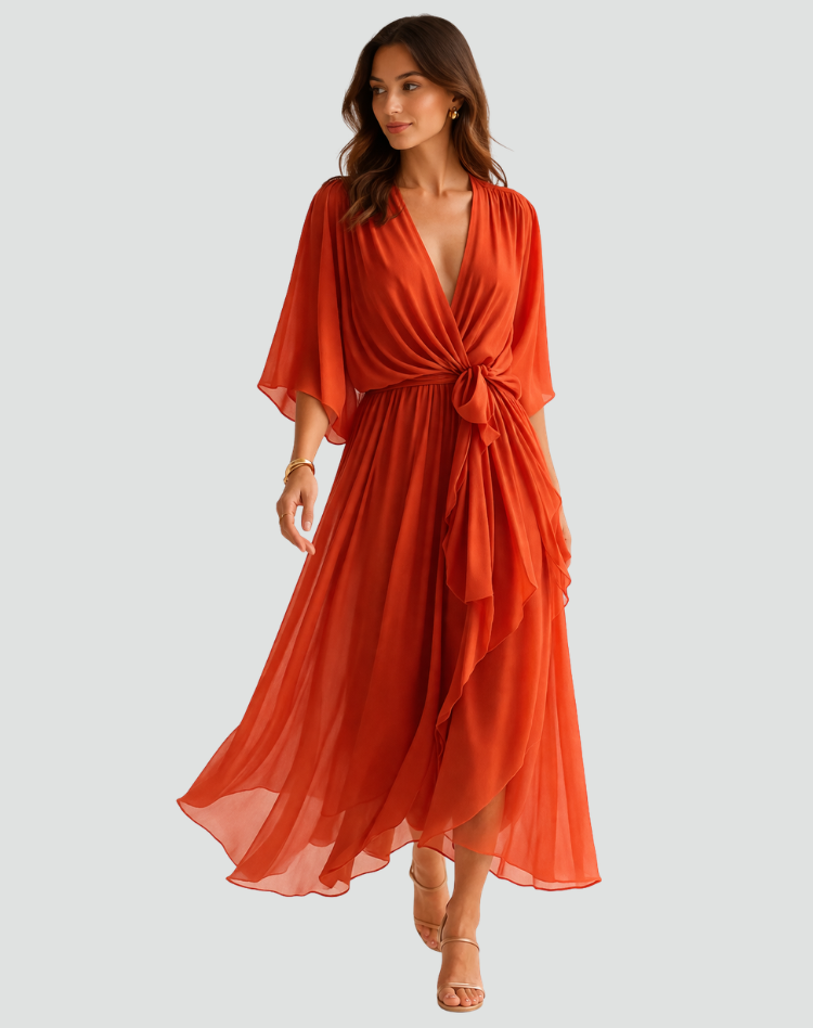 Women's Wrap Neck Midi Dress