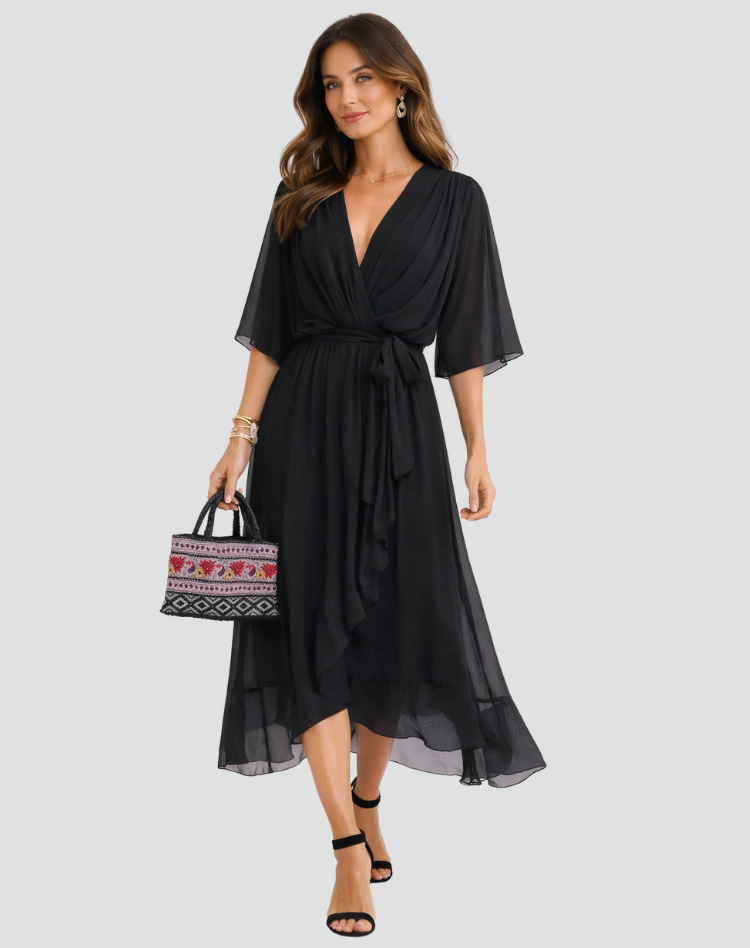 Women's Wrap Neck Midi Dress