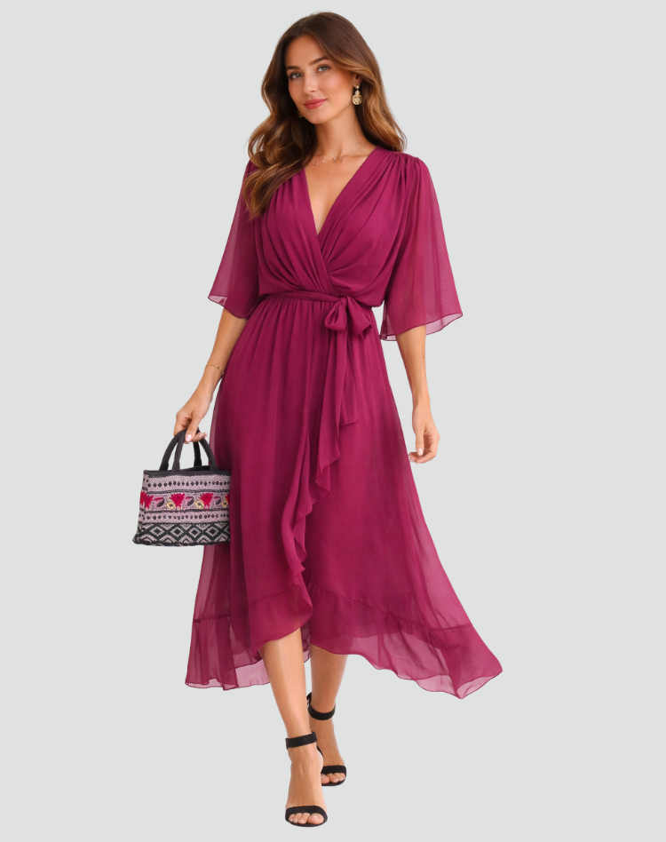 Women's Wrap Neck Midi Dress