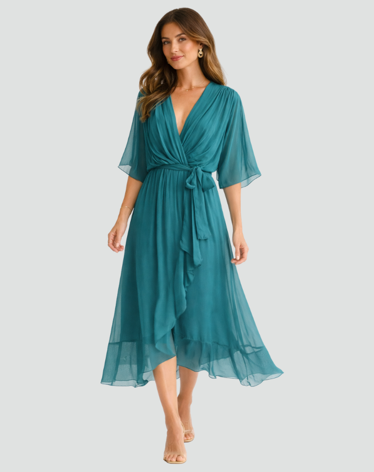 Women's Wrap Neck Midi Dress