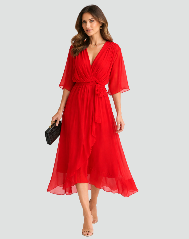 Women's Wrap Neck Midi Dress