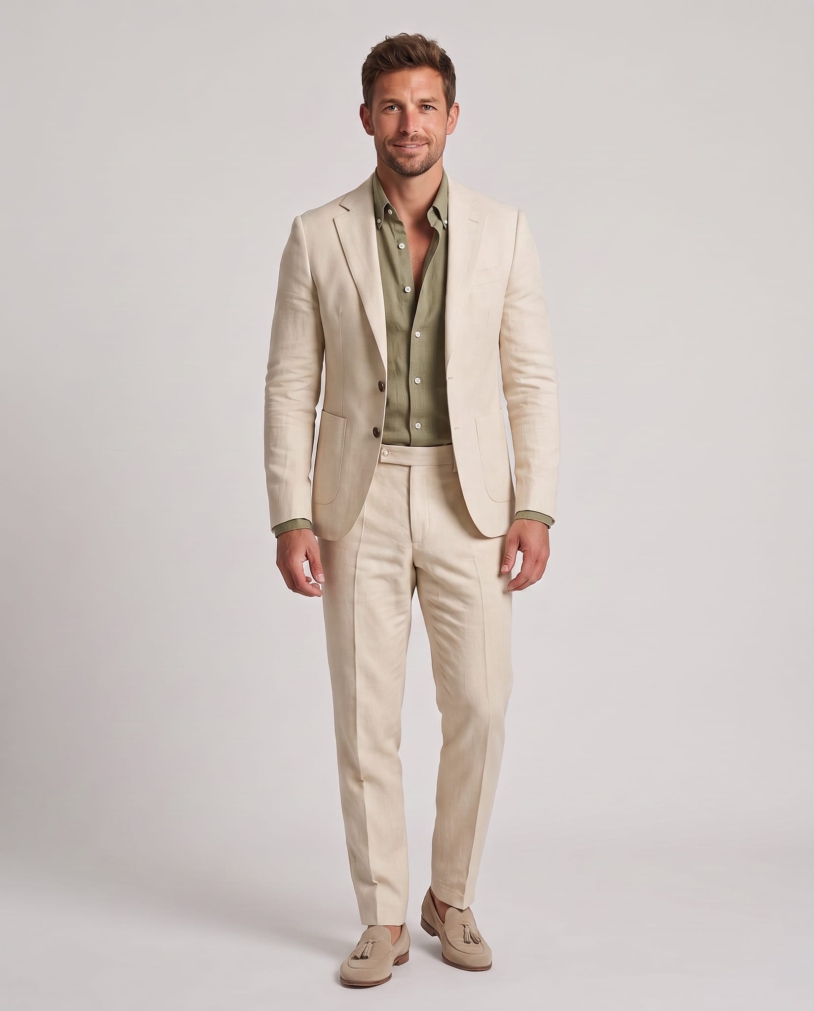 Men's Premium Linen Suit – model front view, light gray studio