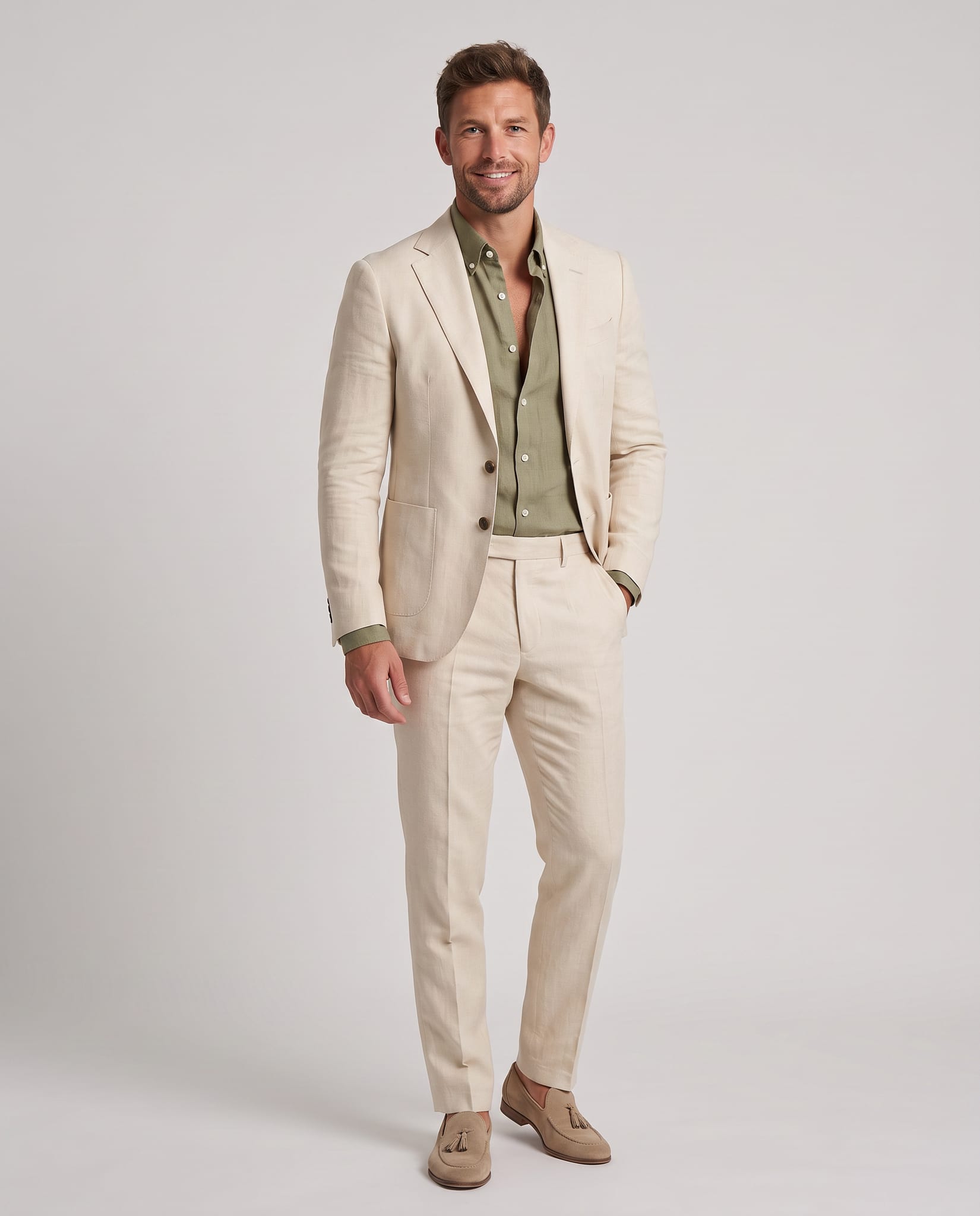 Men's Premium Linen Suit – model three-quarter view, light gray studio