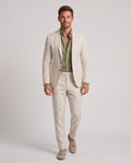 Men's Premium Linen Suit – model walking pose, light gray studio