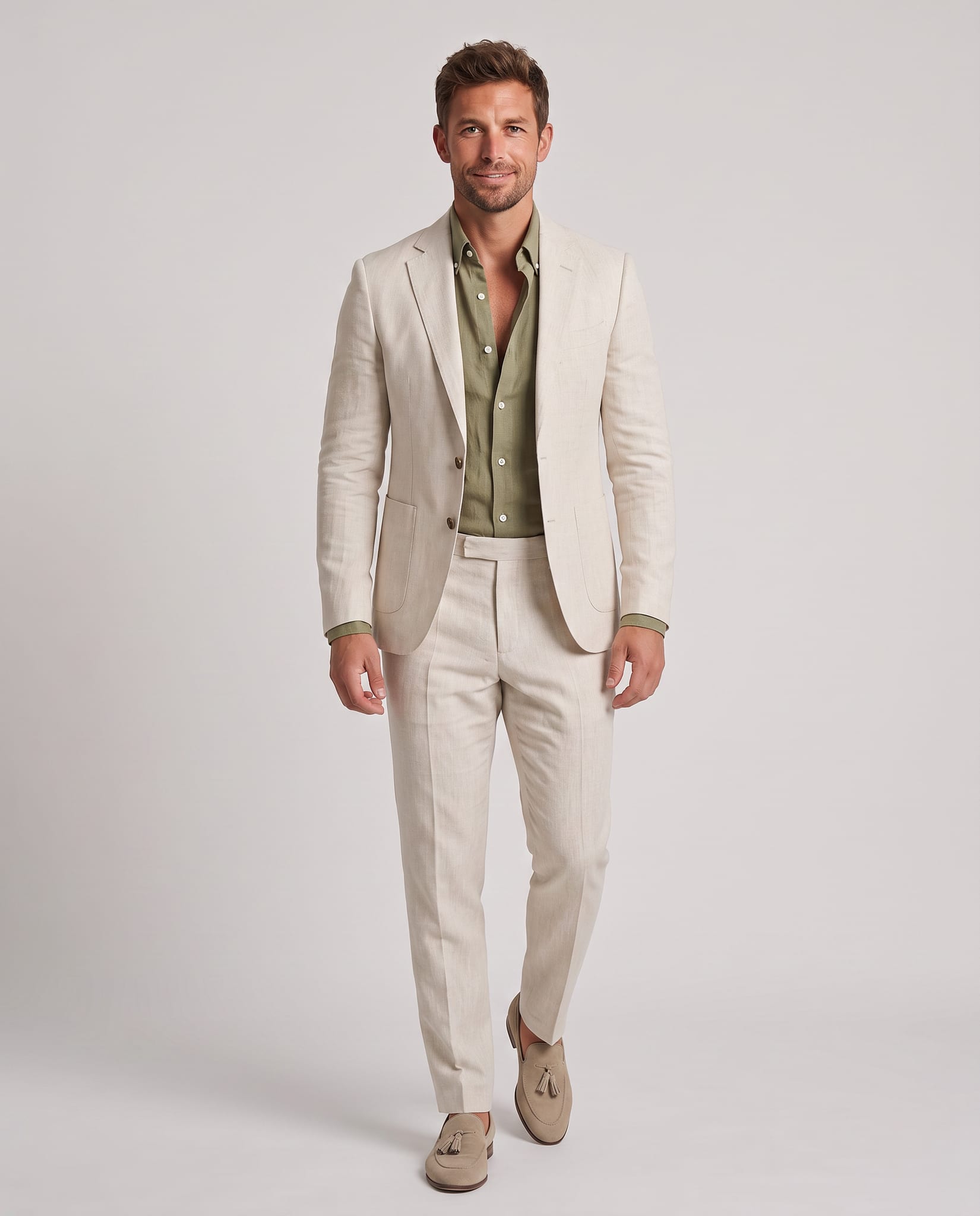 Men's Premium Linen Suit – model walking pose, light gray studio