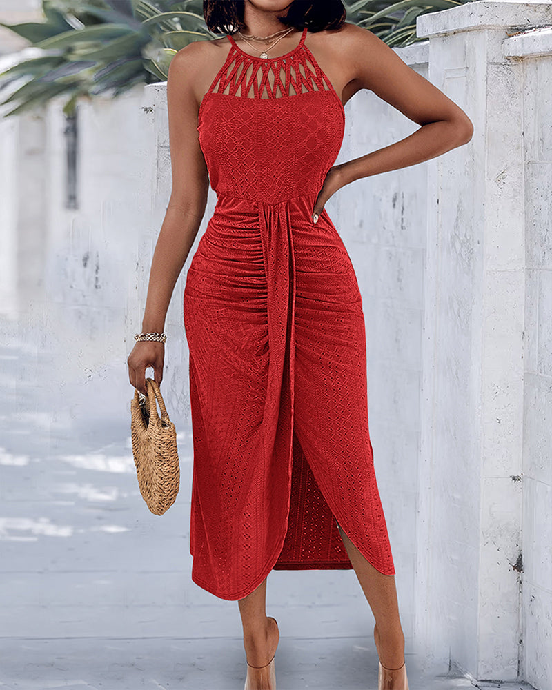 Women's Halter Knit Jacquard Slit Dress